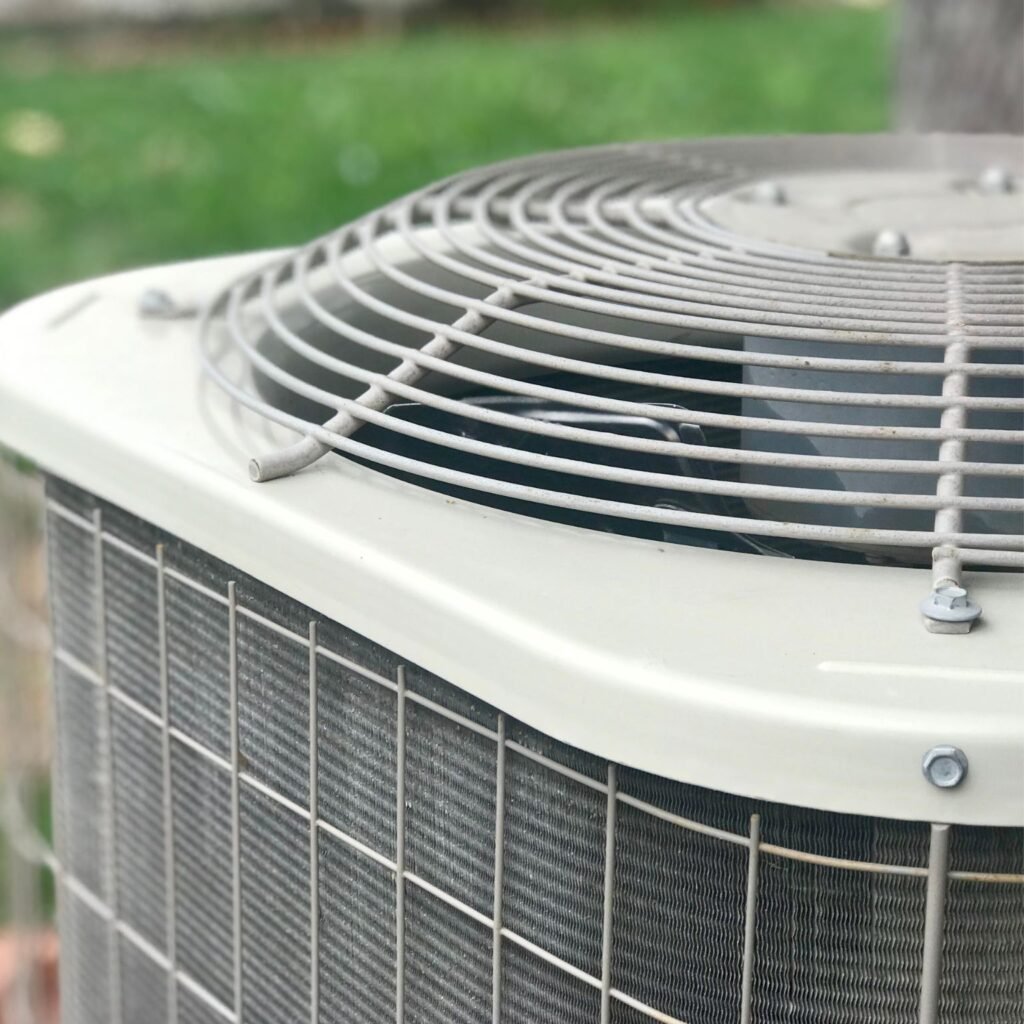 Outdoor air conditioning condenser unit for residential HVAC heating and cooling systems